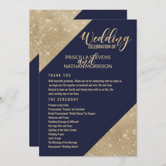 Goud Navy Blauw Faux Glitter Sequin Bruiloft Progr Programmakaart (Voorkant / Achterkant)