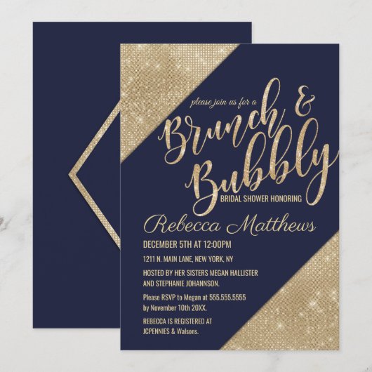 Goud Navy Blauw Faux Glitter Sequin Brunch Bubbly Kaart (Voorkant / Achterkant)