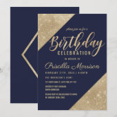 Goud Navy Blauw Faux Glitter Sequin Verjaardag Kaart (Voorkant / Achterkant)