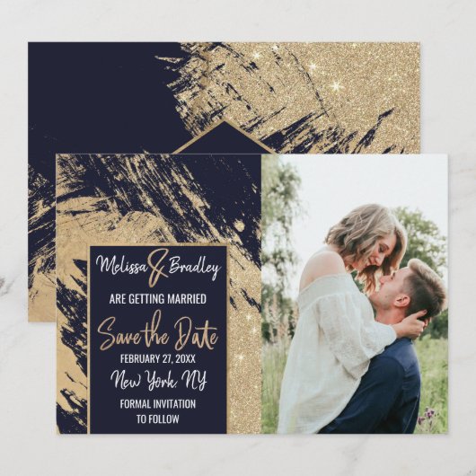 Goud Navy Blauw Glitter Kwaststreken Save the Date Kaart (Voorkant / Achterkant)