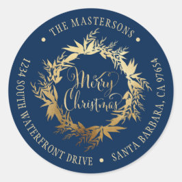 Goud Navy Blauw Kerstkrans retouradres Ronde Sticker