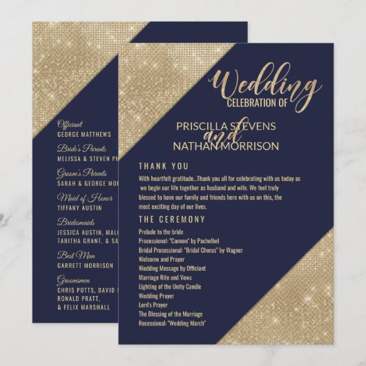 Goud Navy Blauw Nep Glitter Pailletten Trouwprogra Programmakaart (Voorkant / Achterkant)