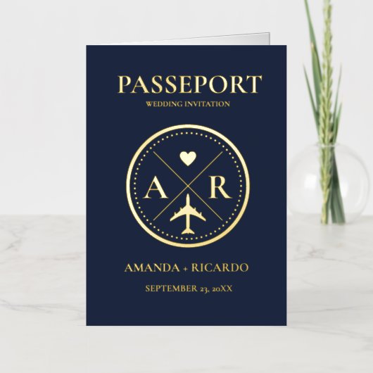 Goud & Navy Blauw paspoort bruiloft uitnodiging (Voorkant)