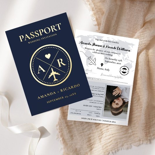 Goud & Navy Blauw paspoort bruiloft uitnodiging