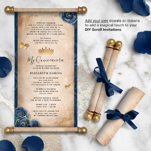 Goud Navy Blauw Quinceanera DIY Scroll uitnodiging