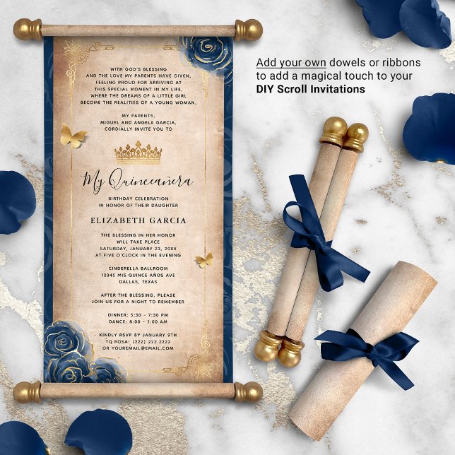 Goud Navy Blauw Quinceanera DIY Scroll uitnodiging (DIY scrolls do not come with dowels. Add your own or roll up with a ribbon for an elegant touch!)