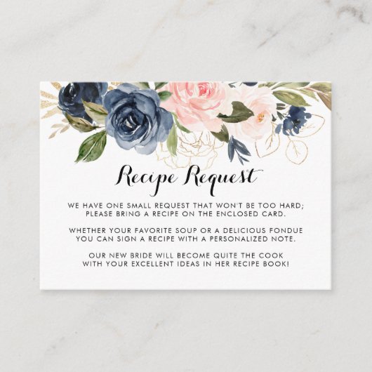 Goud Navy Blauw Roze Bloemachtige Trouwrecept Verz Informatiekaartje (Voorkant)