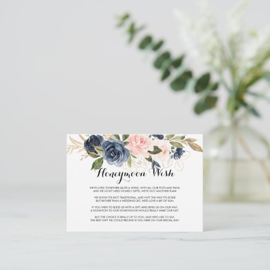 Goud Navy Blauw Roze Bloemen Honeymoon Wish Informatiekaartje (Staand voorkant)