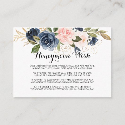 Goud Navy Blauw Roze Bloemen Honeymoon Wish Informatiekaartje (Voorkant)
