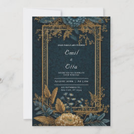 Goud Navy Blauwe Chrysanthemum Art Deco Trouwdag Kaart