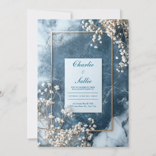 Goud Navy Blauwe Marmer Baby's Breath Bruiloft Kaart (Voorkant)
