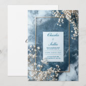Goud Navy Blauwe Marmer Baby's Breath Bruiloft Kaart (Voorkant / Achterkant)