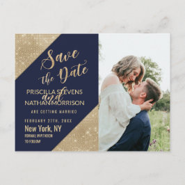 Goud Navy Blauwe Nep Glitter Lovertjes Save the Da Aankondigingskaart