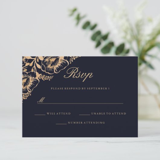  Goud Navy Bloemen Bruiloft RSVP (Staand voorkant)
