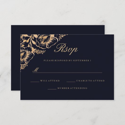 Goud Navy Bloemen Bruiloft RSVP (Voorkant / Achterkant)