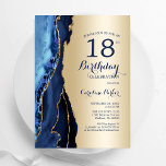 Goud Navy Blue Agaat 18e verjaardag Kaart<br><div class="desc">Marineblauw en goud agaat 18e verjaardag feestuitnodiging. Elegant modern ontwerp met een koningsblauwe waterverf agaat marmeren geode achtergrond,  faux glitter gold en typografie script lettertype. Trendy uitnodigingskaart perfect voor een stijlvol vrouwenfeest. Gedrukte Zazzle-uitnodigingen of direct download digitale afdrukbare sjabloon.</div>