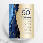 Goud Navy Blue Agaat 50e verjaardag Kaart<br><div class="desc">Marineblauw en goud agaat 50ste verjaardag feestuitnodiging. Elegant modern ontwerp met een koningsblauwe waterverf agaat marmeren geode achtergrond,  faux glitter gold en typografie script lettertype. Trendy uitnodigingskaart perfect voor een stijlvol vrouwenfeest. Gedrukte Zazzle-uitnodigingen of direct download digitale afdrukbare sjabloon.</div>