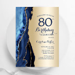 Goud Navy Blue Agaat 80e verjaardag Kaart<br><div class="desc">Marine blauw en goud agaat 80e verjaardag feestuitnodiging. Elegant modern ontwerp met een koningsblauwe waterverf agaat marmeren geode achtergrond,  faux glitter gold en typografie script lettertype. Trendy uitnodigingskaart perfect voor een stijlvol vrouwenfeest. Gedrukte Zazzle-uitnodigingen of direct download digitale afdrukbare sjabloon.</div>