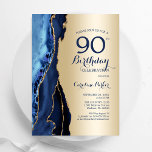 Goud Navy Blue Agaat 90e verjaardag Kaart<br><div class="desc">Navy blauw en goud agaat 90ste verjaardag feestuitnodiging. Elegant modern ontwerp met een koningsblauwe waterverf agaat marmeren geode achtergrond,  faux glitter gold en typografie script lettertype. Trendy uitnodigingskaart perfect voor een stijlvol vrouwenfeest. Gedrukte Zazzle-uitnodigingen of direct download digitale afdrukbare sjabloon.</div>