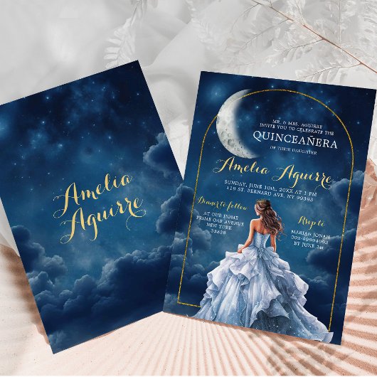 Goud Navy Blue Een nacht onder de sterren Quinceañ Kaart