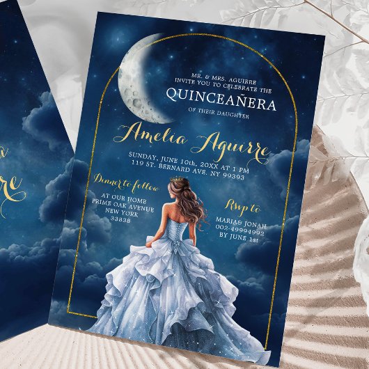 Goud Navy Blue Een nacht onder de sterren Quinceañ Kaart