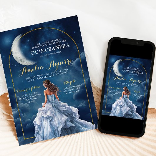 Goud Navy Blue Een nacht onder de sterren Quinceañ Kaart