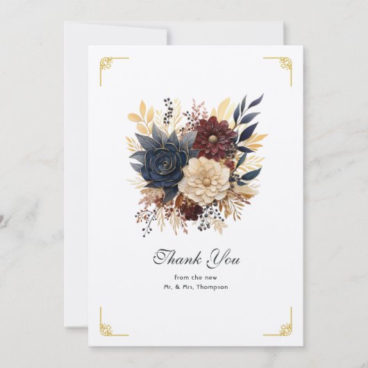 Goud, Navy Blue, en Bourgondische bloemenbruiloft Bedankkaart (Voorkant)