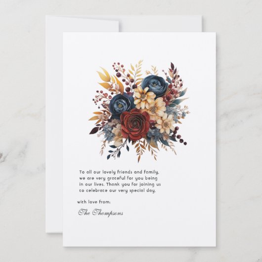 Goud, Navy Blue, en Bourgondische bloemenbruiloft Bedankkaart (Achterkant)