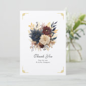 Goud, Navy Blue, en Bourgondische bloemenbruiloft Bedankkaart (Staand voorkant)