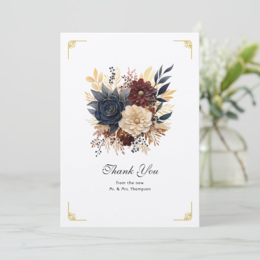 Goud, Navy Blue, en Bourgondische bloemenbruiloft Bedankkaart (Staand voorkant)