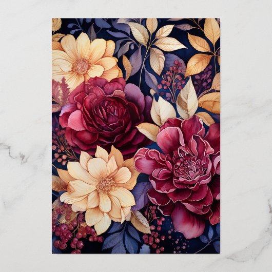 Goud, Navy Blue, en Bourgondische bloemenbruiloft Folie Uitnodiging (Achterkant)