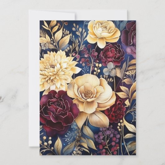 Goud, Navy Blue, en Bourgondische bloemenbruiloft Kaart (Achterkant)