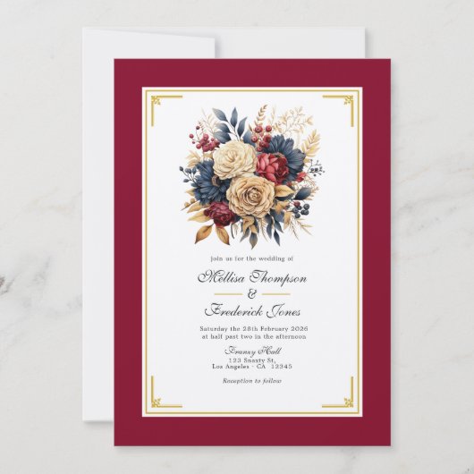 Goud, Navy Blue, en Bourgondische bloemenbruiloft Kaart (Voorkant)