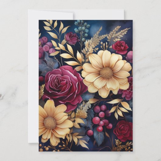 Goud, Navy Blue, en Bourgondische bloemenbruiloft Kaart (Achterkant)