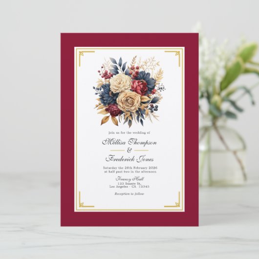 Goud, Navy Blue, en Bourgondische bloemenbruiloft Kaart (Staand voorkant)