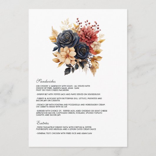 Goud, Navy Blue, en Bourgondische bloemenbruiloft Menu (Achterkant)