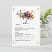 Goud, Navy Blue, en Bourgondische bloemenbruiloft Menu (Staand voorkant)