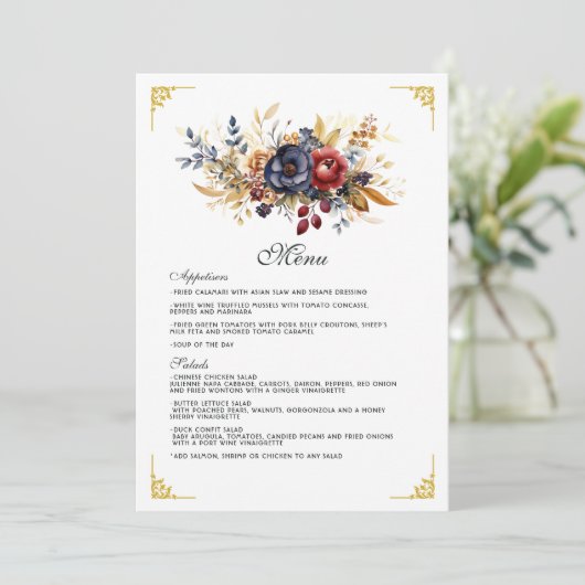 Goud, Navy Blue, en Bourgondische bloemenbruiloft Menu (Staand voorkant)
