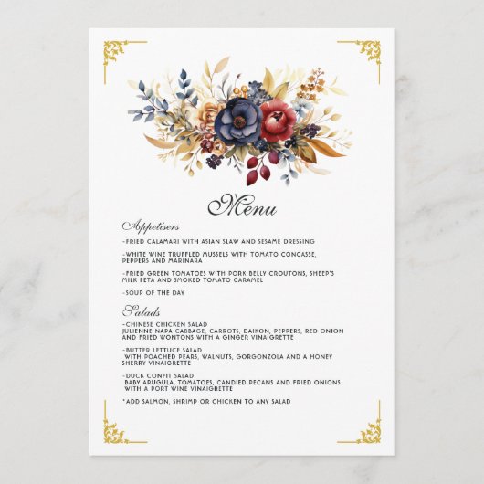 Goud, Navy Blue, en Bourgondische bloemenbruiloft Menu (Voorkant)