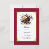 Goud, Navy Blue, en Bourgondische bloemenbruiloft RSVP Kaartje (Voorkant)
