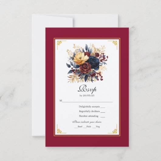 Goud, Navy Blue, en Bourgondische bloemenbruiloft RSVP Kaartje (Voorkant)