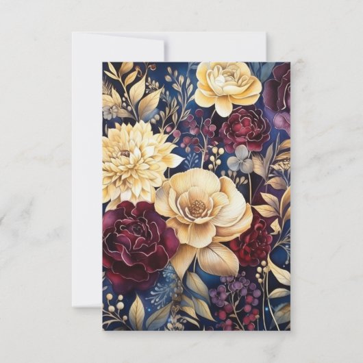 Goud, Navy Blue, en Bourgondische bloemenbruiloft RSVP Kaartje (Achterkant)