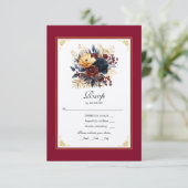 Goud, Navy Blue, en Bourgondische bloemenbruiloft RSVP Kaartje (Staand voorkant)