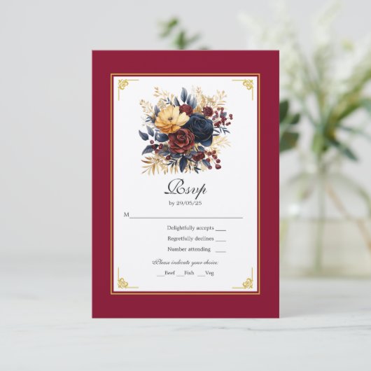 Goud, Navy Blue, en Bourgondische bloemenbruiloft RSVP Kaartje (Staand voorkant)