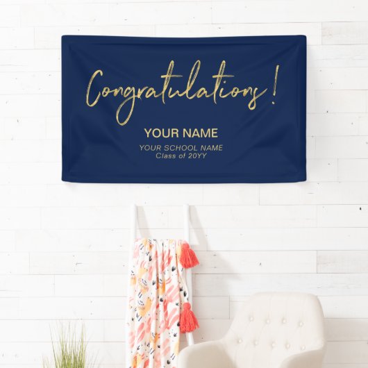 Goud & Navy Blue Gefeliciteerd! afstudeerfeest Spandoek (Insitu)