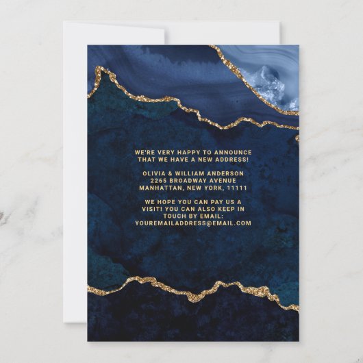 Goud & Navy Blue Marmer Nieuwe Adres Verhuizing Aankondiging (Achterkant)