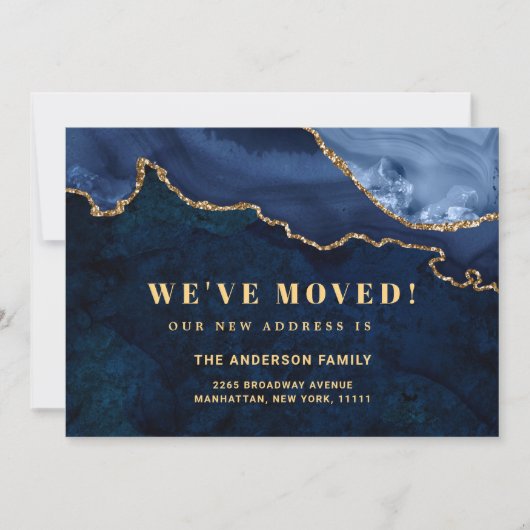 Goud & Navy Blue Marmer Nieuwe Adres Verhuizing Aankondiging (Voorkant)