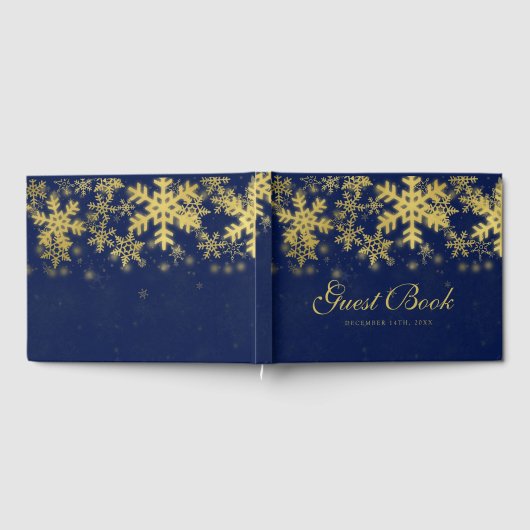 Goud + Navy Blue Snowflakes Kerstboek Gastenboek (Volledig)