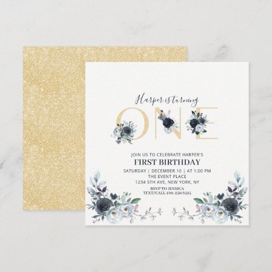 Goud & Navy Boho Bloem 1e Verjaardag Vierkant Kaart (Voorkant / Achterkant)