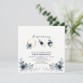 Goud & Navy Boho Bloem 1e Verjaardag Vierkant Kaart (Staand voorkant)